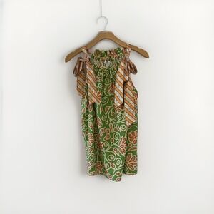 Current Air Los Angeles Floral Batik Linen Blend Tie Shoulder Top Green Orange M